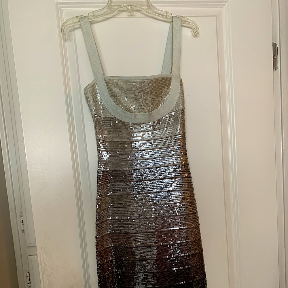 HERVE LEGER Grey Sequin Ombré Bandage Mini dress